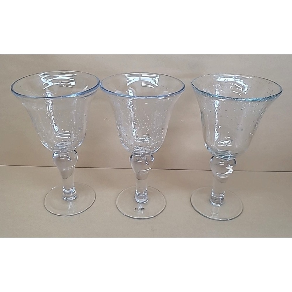 Set of 3 Wine/Water Tulip Goblets Seeded Bubble Hand-Blown Clear Glass 8in Tall